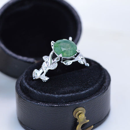 2 Carat Genuine Moss Agate Twig Floral White Gold Engagement  Ring