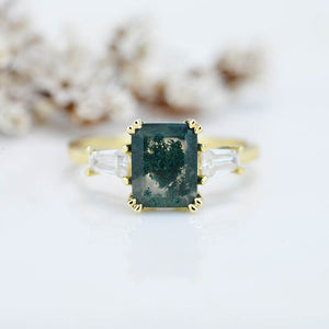 3 Carat Moss Agate Emerald Cut Three-Stone  Engagement Ring