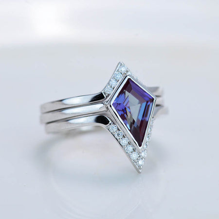 14K White Gold 3 Carat Kite Alexandrite Bezel Engagement Ring, Three Rings Set