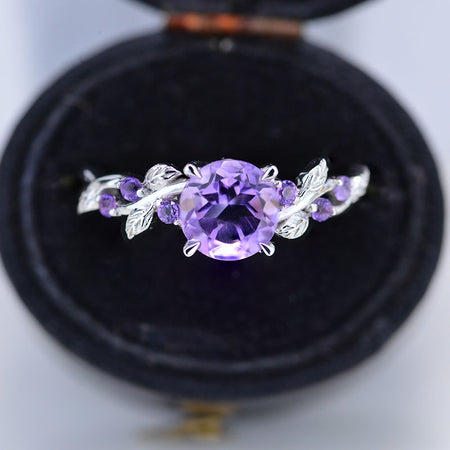 7mm Round Amethyst Sapphire  Floral  White Gold Engagement  Ring