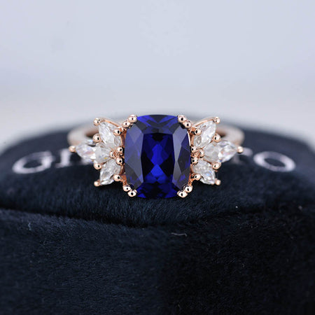 2Ct Cushion Cut Sapphire Vintage Engagement Ring, Cushion Sapphire Engagement Ring, Marquise Side Accents Stones 14K Rose Gold Ring