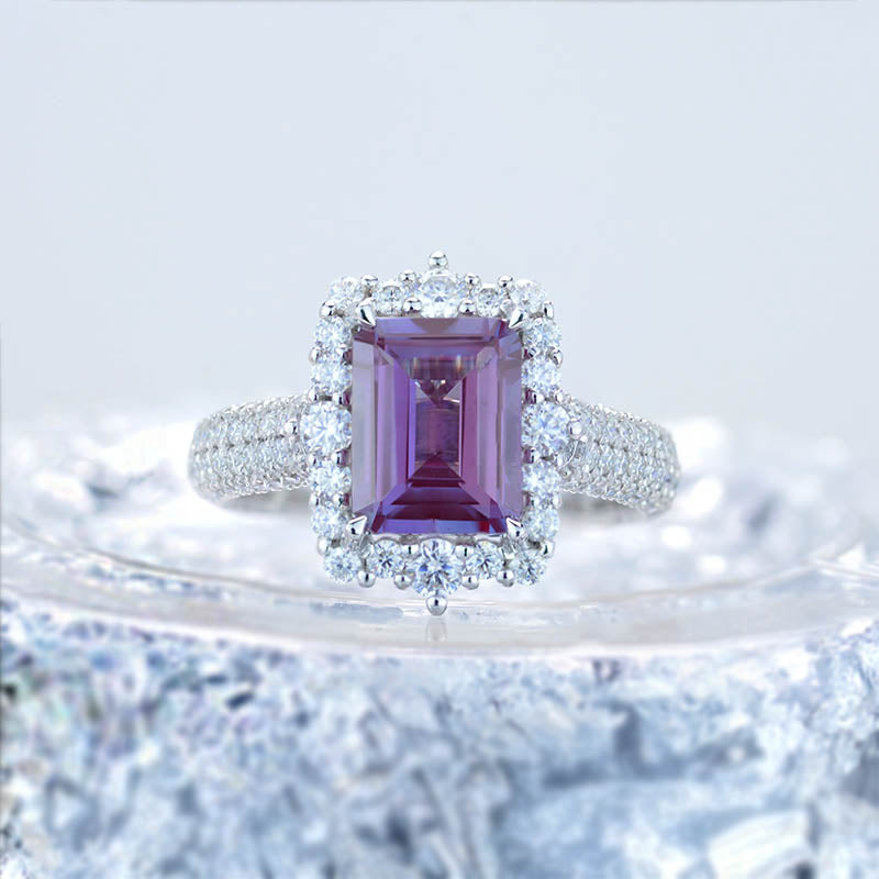 3Ct Alexandrite Engagement Ring Halo Emerald Step Cut Alexandrite Enga ...