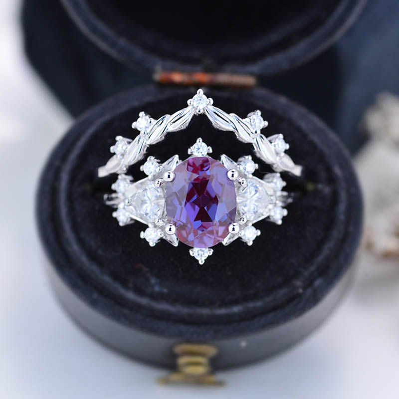 2 Carat Oval Alexandrite Halo 14K White Gold Floral  Engagement Ring Set