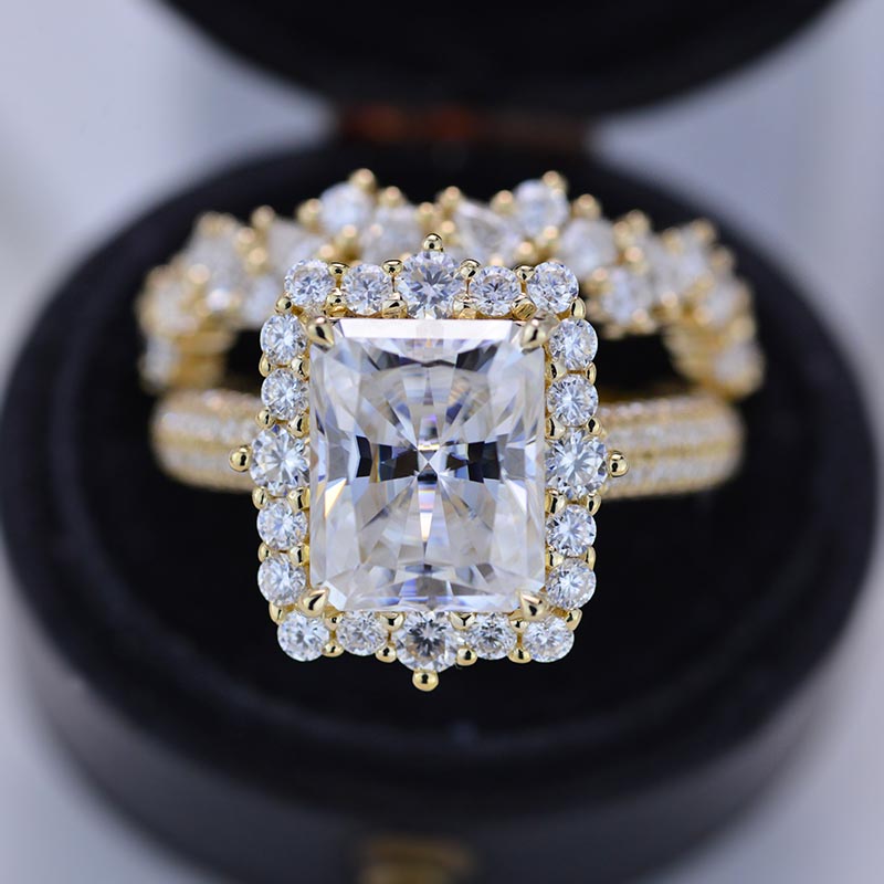 4Ct Moissanite Engagement Ring Halo Radiant Cut Moissanite Engagement Ring, 10x8mm Radiant Cut Moissanite Engagement Ring with Eternity band