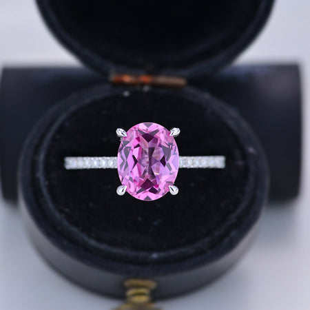 3 Carat Carat Oval Pink Sapphire Ring, Hidden Halo Gold Engagement Ring