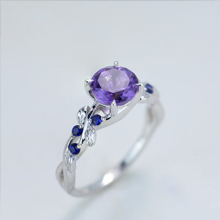 7mm Round Amethyst Sapphire  Floral  White Gold Engagement  Ring