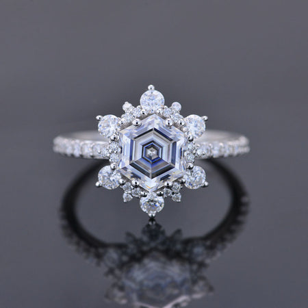 2 Carat Hexagon Moissanite Snowflake Halo Engagement Ring. Victorian 14K White Gold Ring