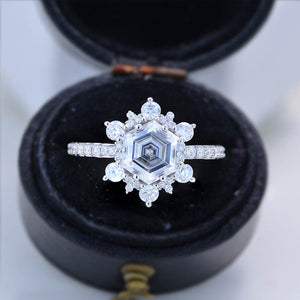 3 Carat Hexagon Moissanite Snowflake Halo Engagement Ring. Victorian 14K White Gold Ring