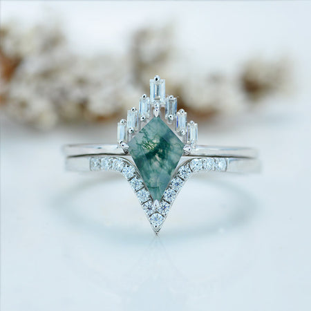 14K White Gold 2 Carat Kite Moss Agate Halo Engagement Ring, Eternity Ring Set