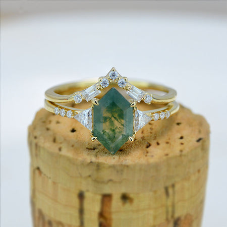 14K White Gold 3 Carat Hexagon Genuine Moss Agate Halo Engagement Ring, Eternity Ring Set