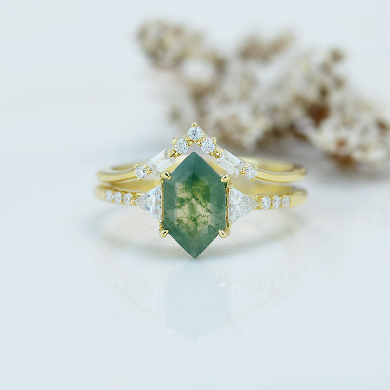 14K White Gold 3 Carat Hexagon Genuine Moss Agate Halo Engagement Ring, Eternity Ring Set