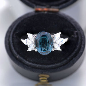 2 Carat Oval Teal Sapphire Halo Vintage Cluster 14K White Gold Engagement Ring