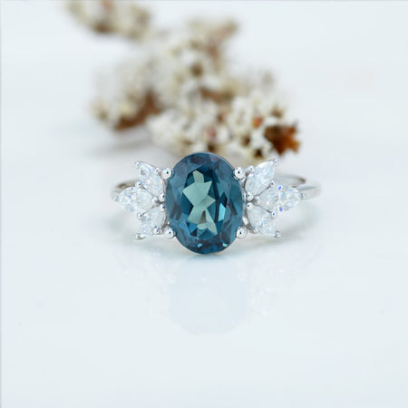 2 Carat Oval Teal Sapphire Halo Vintage Cluster 14K White Gold Engagement Ring