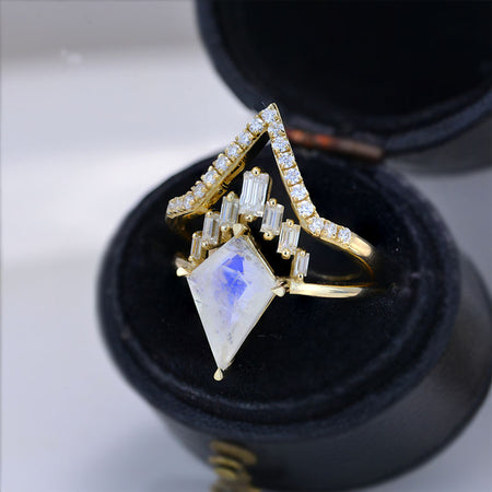 3 Carat Kite Moonstone Halo 14K Gold  Engagement Ring, Eternity Ring Set