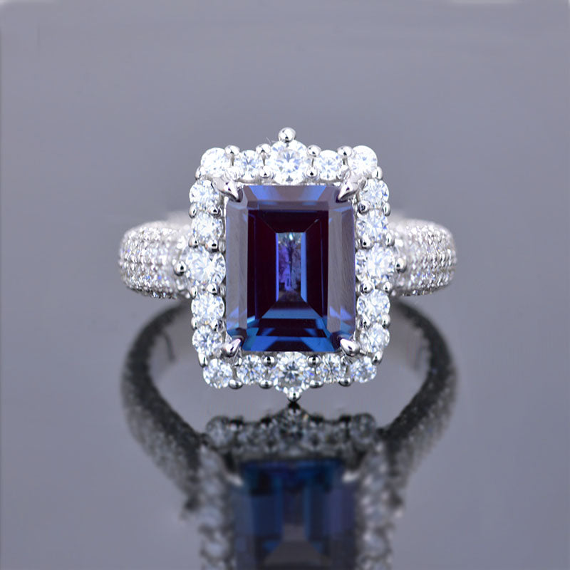4Ct Alexandrite Engagement Ring Halo Emerald Step Cut Alexandrite Enga ...