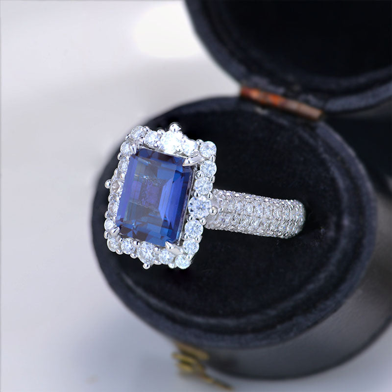 3Ct Alexandrite Engagement Ring Halo Emerald Step Cut Alexandrite Enga ...