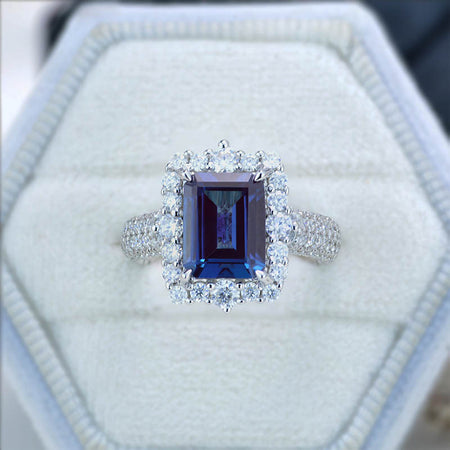3Ct Alexandrite Engagement Ring Halo Emerald Step Cut Alexandrite  Engagement Ring