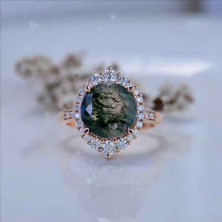 5 Carat Round Genuine Moss Agate Halo Gold Engagement Ring