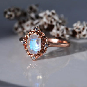 Silver Dainty Natural Moonstone Ring.  Round Moonstone Floral Ring