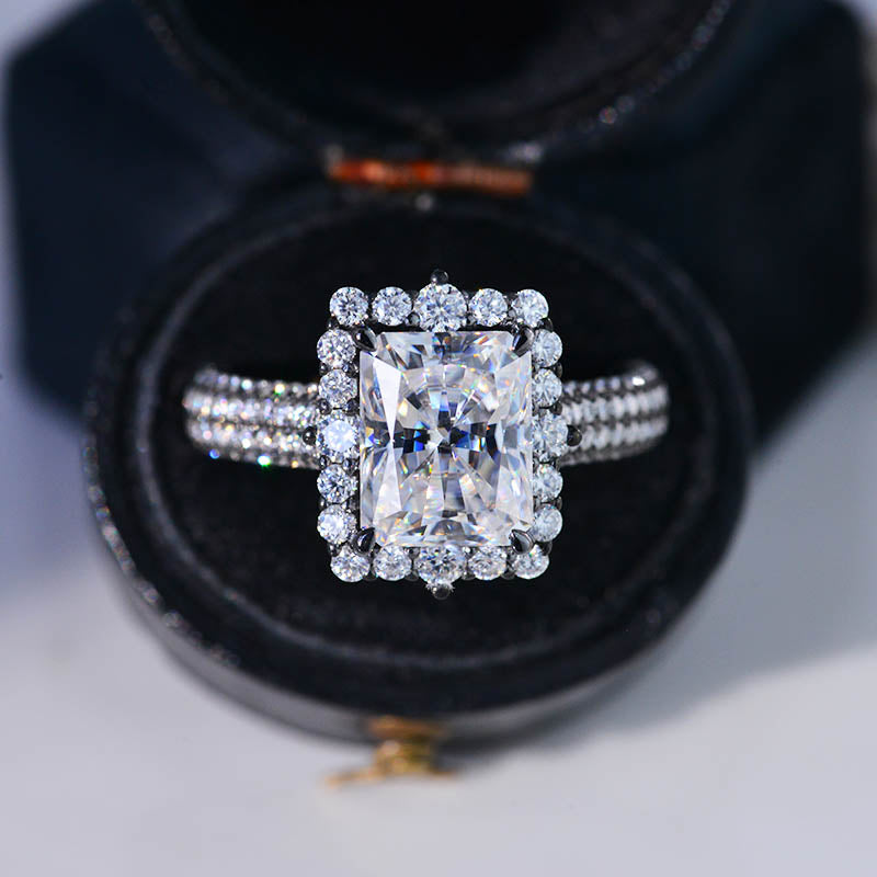 3Ct Moissanite Engagement Ring Halo Radiant Cut Moissanite Black Gold Engagement Ring
