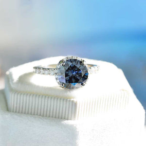 3 Carat Round Dark Grey Gray Blue Giliarto Moissanite Halo Gold Engagement Ring