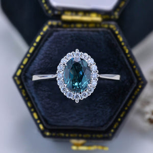 14K Gold 4 Carat Kite Teal Sapphire Halo Engagement Ring, Eternity Ring Set