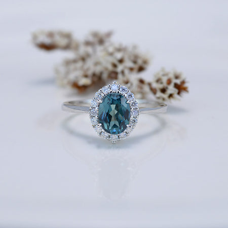 1.5Ct Teal Sapphire Halo Engagement Ring, Oval Shape Brilliant Cut Teal Sapphire Engagement Ring, 14K White Gold Ring