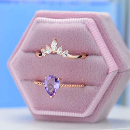 Pear Cut Genuine Amethyst Ring- Two Ring Set