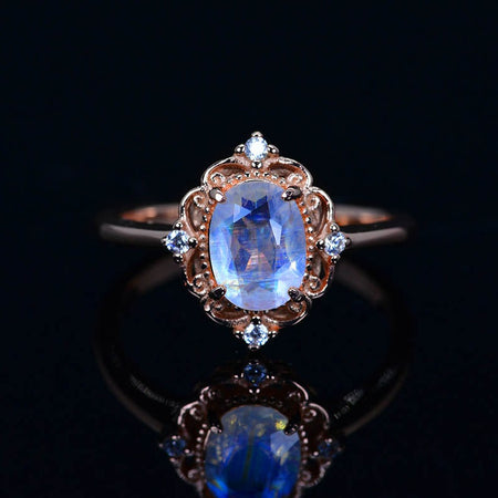 Rose Gold Plated Silver Dainty Natural Moonstone Ring Set, 2ct Oval Cut Moonstone Vintage Ring,