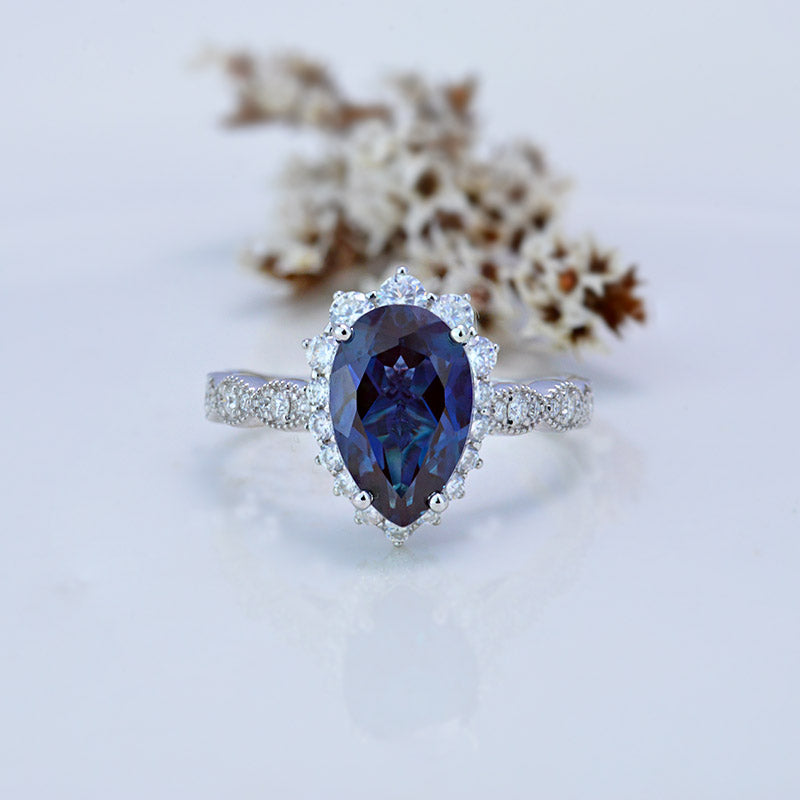 14K White Gold 2 Carat Pear Alexandrite Halo Engagement Ring