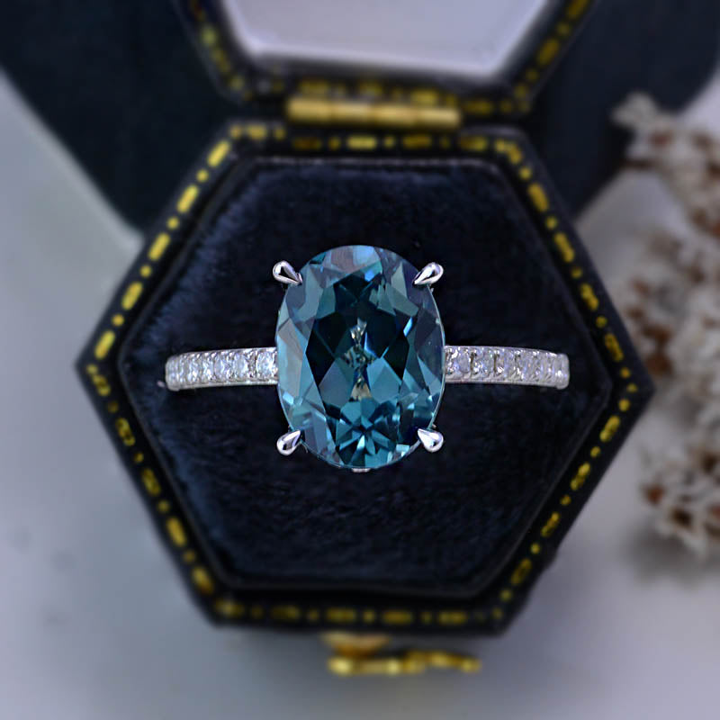6Ct Oval Teal Sapphire Engagement Ring, Oval Cut Shape Dainty Engagement Ring, Teal Sapphire Hidden Halo Pave accents ring