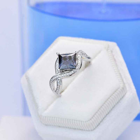 2 Carat Dark  Grey Gray  Blue Princess Cut Moissanite Stone 14K White Gold Ring