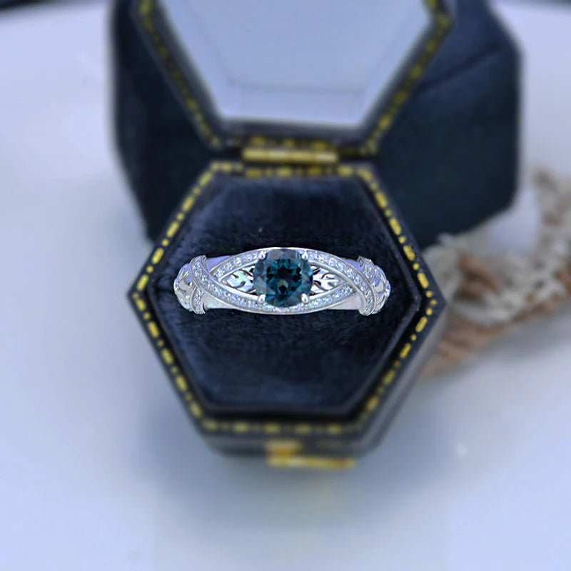 Green Teal Sapphire White Gold Floral Engagement Ring