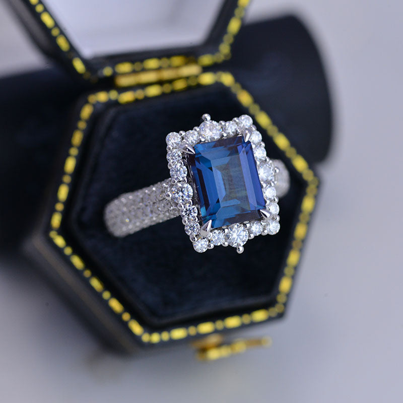 4Ct Alexandrite Engagement Ring Halo Emerald Cut Alexandrite Engagemen ...