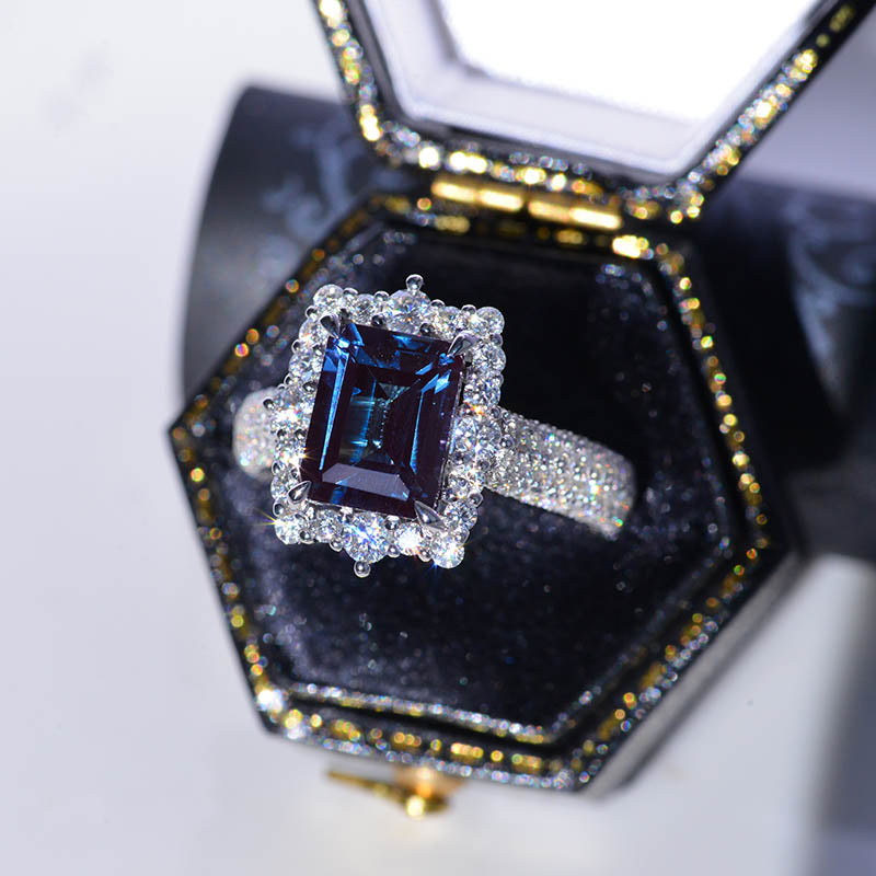 2 Carat Vintage Style Emerald Cut Teal Sapphire White Gold Engagement Ring