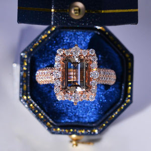 3Ct Natural Morganite Engagement Ring. Halo Emerald Cut Genuine Morganite 14K Rose Gold Engagement Ring