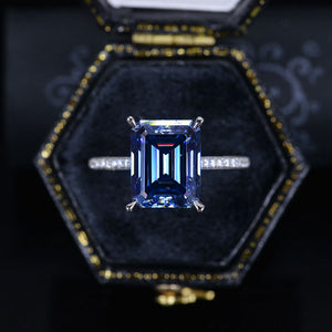 4 Carat Dark Grey-Blue, Gray Moissanite 14K White Gold Engagement. 4ct Emerald Cut Moissanite Hidden Halo Designer Ring