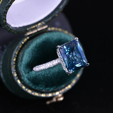 5 Carat Giliarto Emerald Cut Teal Sapphire Hidden Halo Engagement White Gold Ring