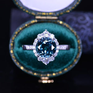 3 Carat Round Teal Sapphire Halo Gold Engagement Ring
