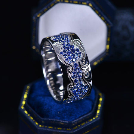 Men's Ring with Blue Sapphire Stones 14K White Gold Ring