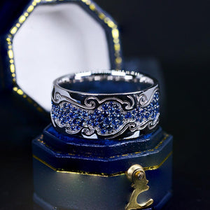 Men's Ring with Blue Sapphire Stones 14K White Gold Ring