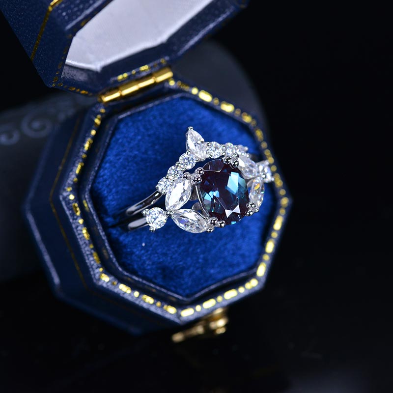 14K Solid White Gold Dainty Alexandrite Ring, Oval Cut Alexandrite Ring Set, White Gold Ring Unique Vintage Ring