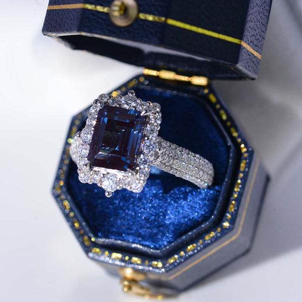 3Ct Alexandrite Engagement Ring Halo Emerald Step Cut Alexandrite Enga ...