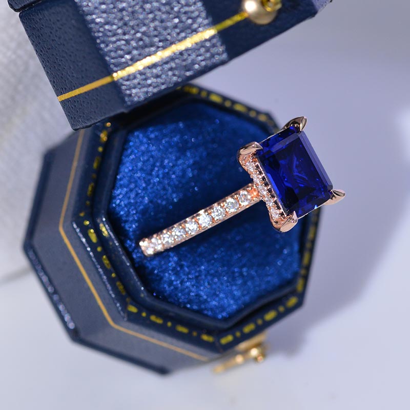 3Ct Sapphire Engagement Ring, Solitaire Emerald Cut Royal Blue Sapphire Engagement Ring, Moissanite Pave Accents Stones Hidden Halo