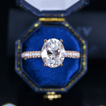 Luxury 3 Carat Oval Moissanite Hidden Halo Gold Engagement Ring