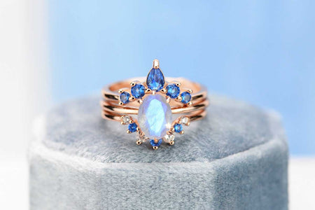 Rose Gold Plated Silver Dainty Natural Moonstone Ring Set, 2ct Oval Cut Moonstone Vintage Ring Set, Rose Gold Ring Unique Curved  Ring