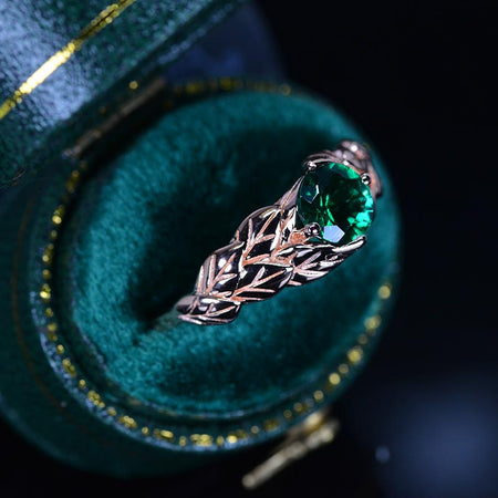 Emerald Leaf Engagement Ring 14K Rose Gold