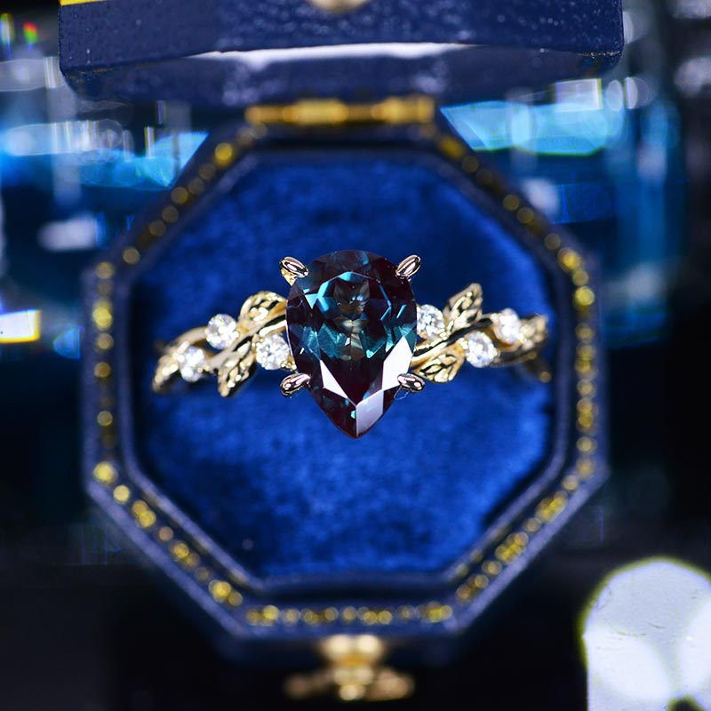 3 Carat Alexandrite  Pear Cut Floral Gold Engagement Ring