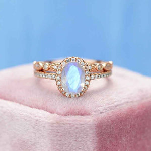 Rose Gold Plated Silver Dainty Natural Moonstone Ring Set, 2ct Oval Cut Moonstone Vintage Ring Set, Rose Gold Ring Unique Curved  Ring