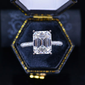 5 Carat Giliarto Emerald Cut Moissanite Hidden Halo Engagement White Gold Ring